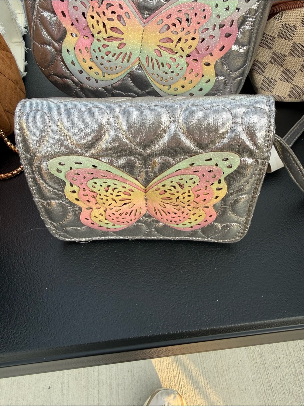 Olivia Miller Silver Heart-Quilted Backpack and Purse with Pastel Butterfly set - Picture 4 of 4
